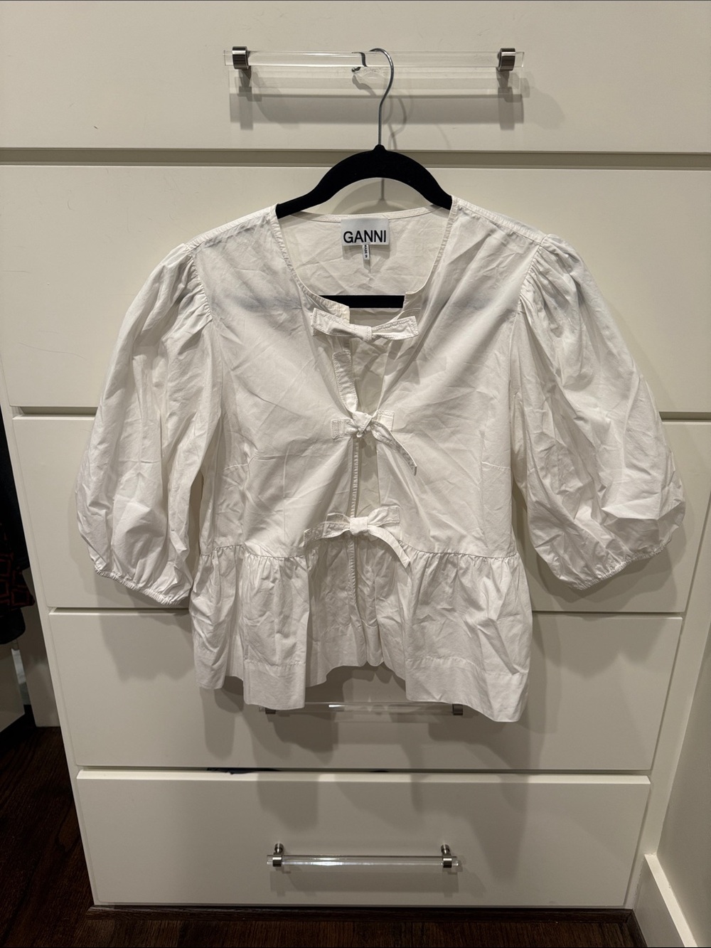 Ganni Top White Puff-Sleeve 3  Tie-Front